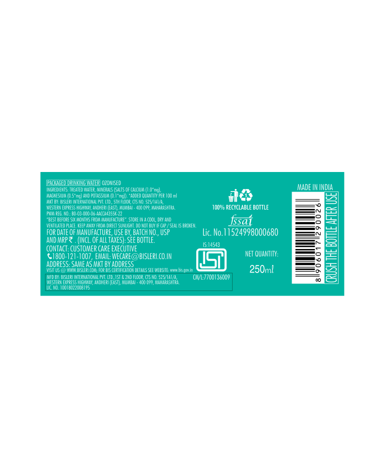 Bisleri 250 ML Packaged Drinking Water back label